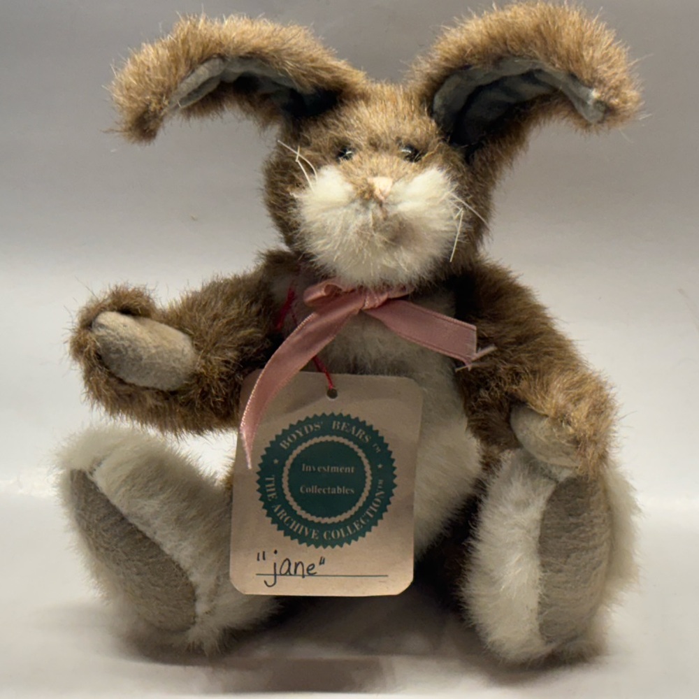 Vintage Jointed 1998 Boyd Bunny Jane Plush Brown And White Fur 10” Pink Ribbon